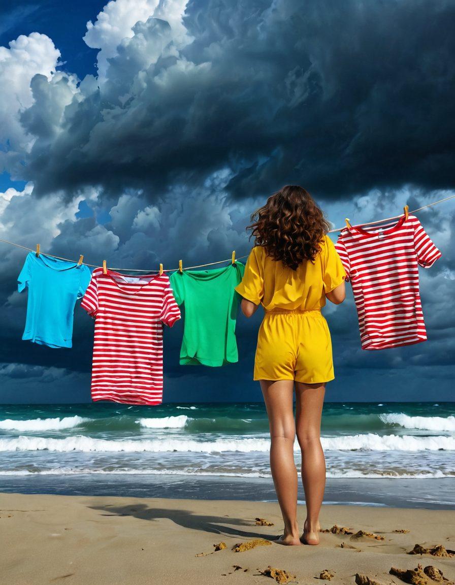 A serene beach scene showcasing a colorful array of beachwear hung on a clothesline, intertwined with dark clouds overhead symbolizing deep-seated sadness. The ocean waves gently crashing in the background contrast with the vibrant attire, reflecting the misconceptions of happiness. A single figure gazes pensively towards the horizon, creating a juxtaposition of joy and melancholy. surreal art style. vibrant colors. moody atmosphere.